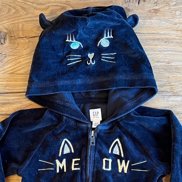 GAP Size XS (4-5 girls). Black velour "Meow" hooded cat zip-up sweater - Picture 3 of 5